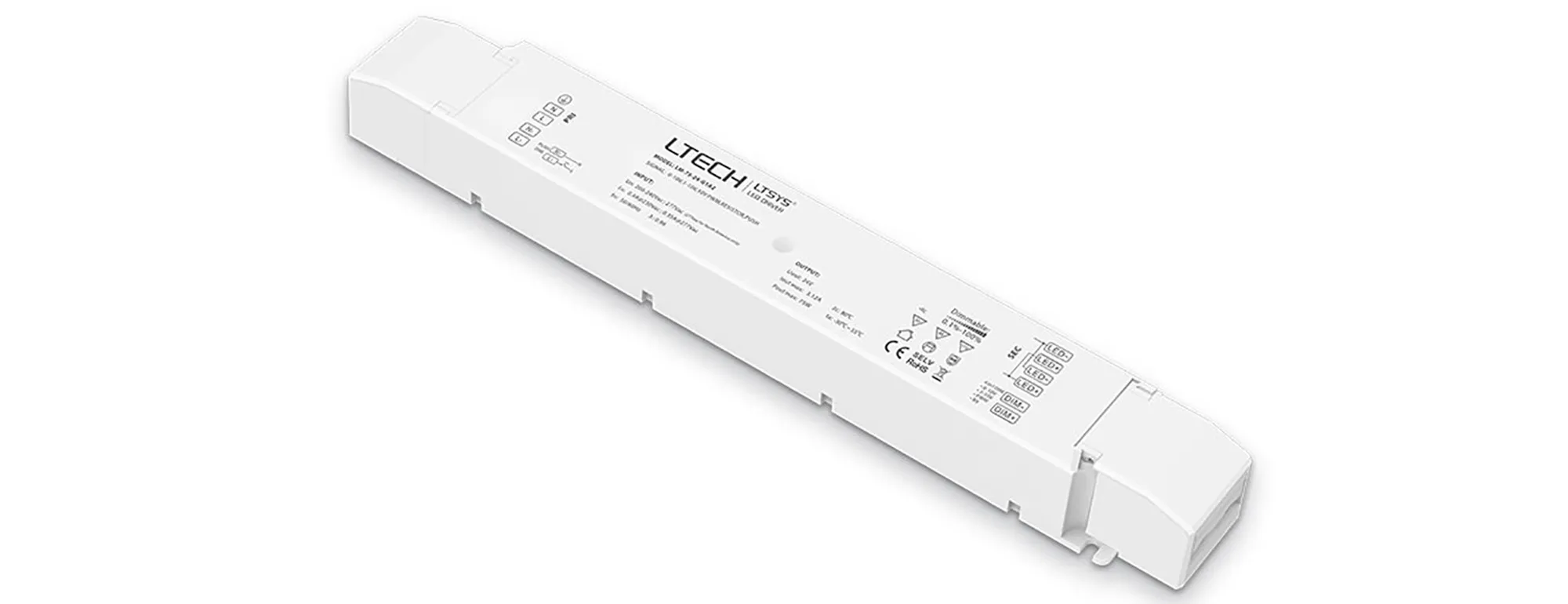 LM-75-24-G1A2  0-10V/1-10V/10V PWM/RX/Push DIM, 0-100% Dim, CV 75W, 24Vdc 3.12A, 200-240Vac, IP20, 5yrs Warranty.